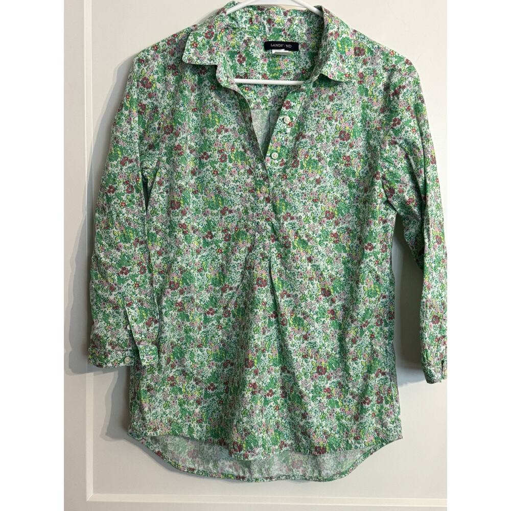 Lands End Cotton Flower Floral Print Button Tunic Front Shirt Sz 4 Green